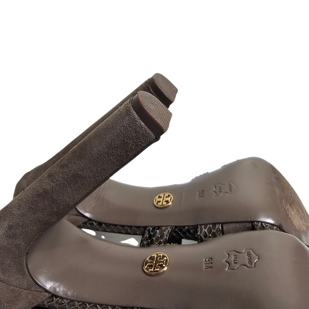 Tory Burch Gray Brown Suede Leather Animal Print Strappy Block Heels Size 9 - Picture 12 of 14